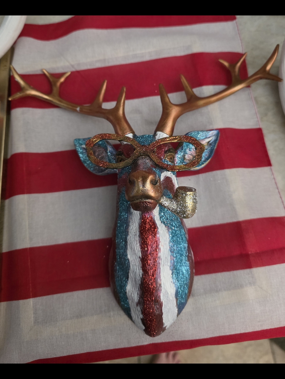Decorative Glitter Deer Head Wall Accent in Red, Blue & Gold